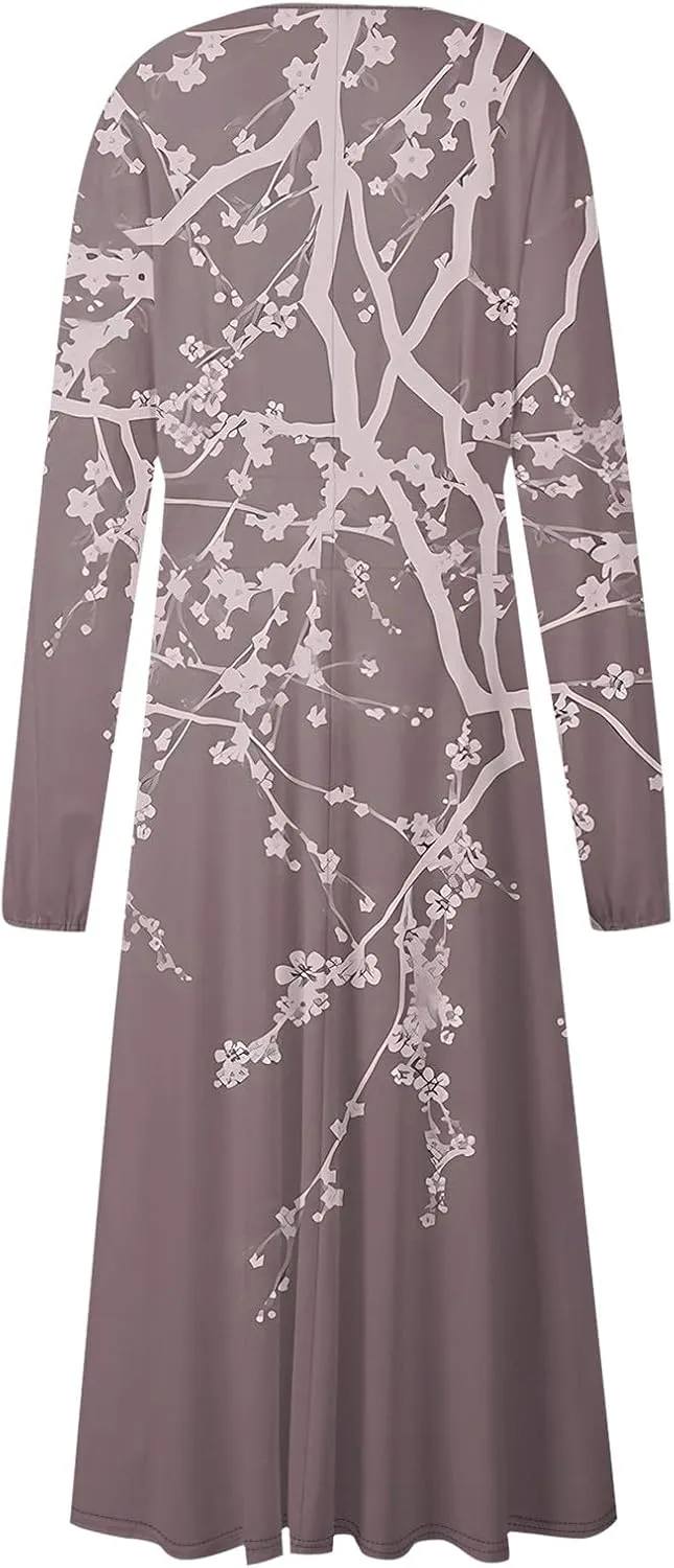 Summer Fall Long Sleeve Midi Dresses for Women Casual Ruched Flowy Trendy Smocked Elegant Formal Floral A Line Dress