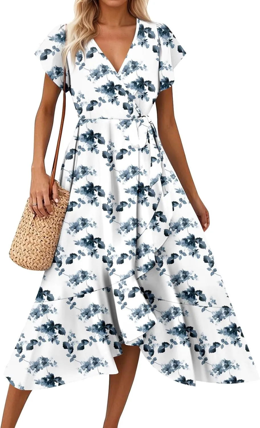 Summer Floral Dresses for Women 2025 Maxi V Neck Short Flutter Sleeve Wrap Tie Empire Waist Long Flowy Ruffle A Line Dress