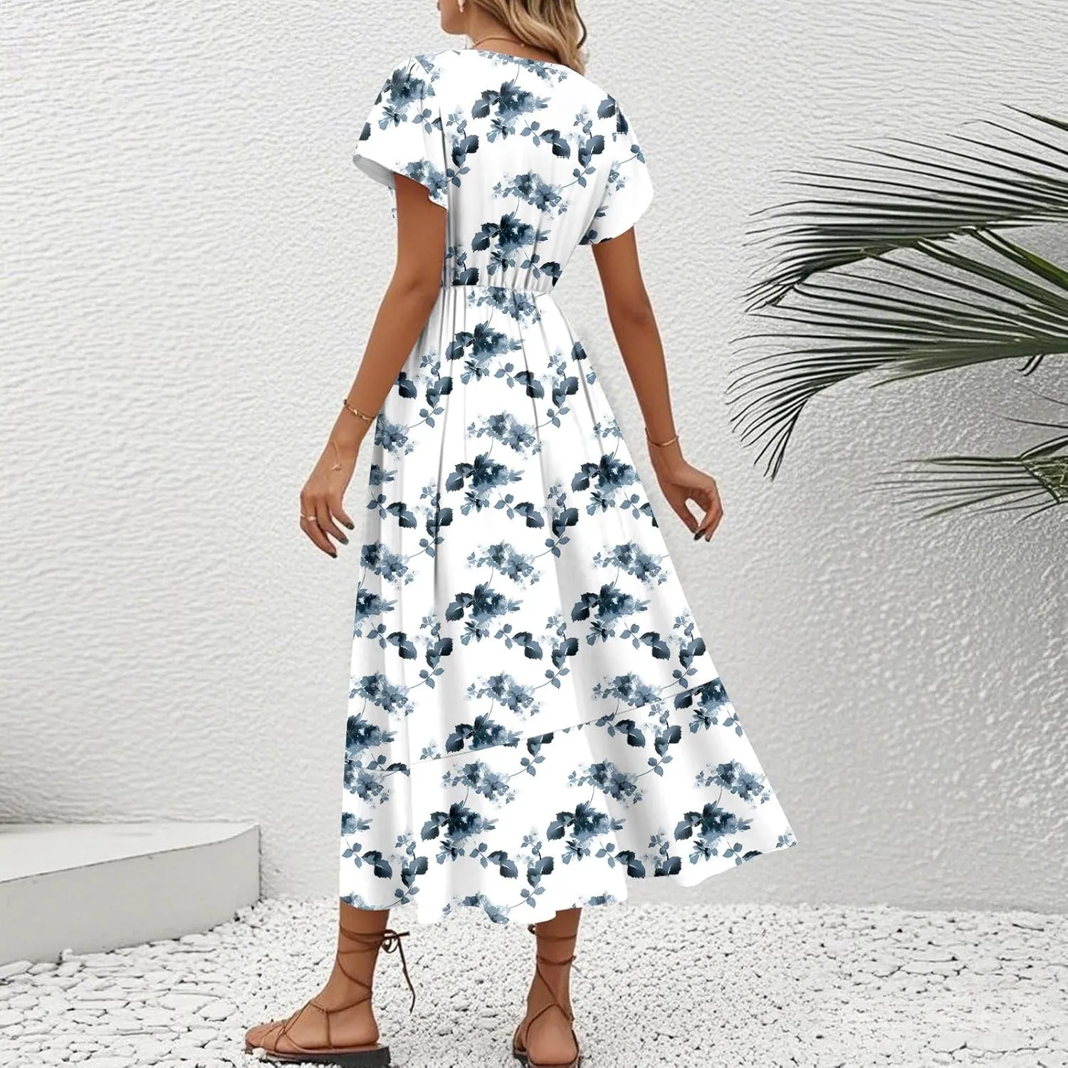 Summer Floral Dresses for Women 2025 Maxi V Neck Short Flutter Sleeve Wrap Tie Empire Waist Long Flowy Ruffle A Line Dress