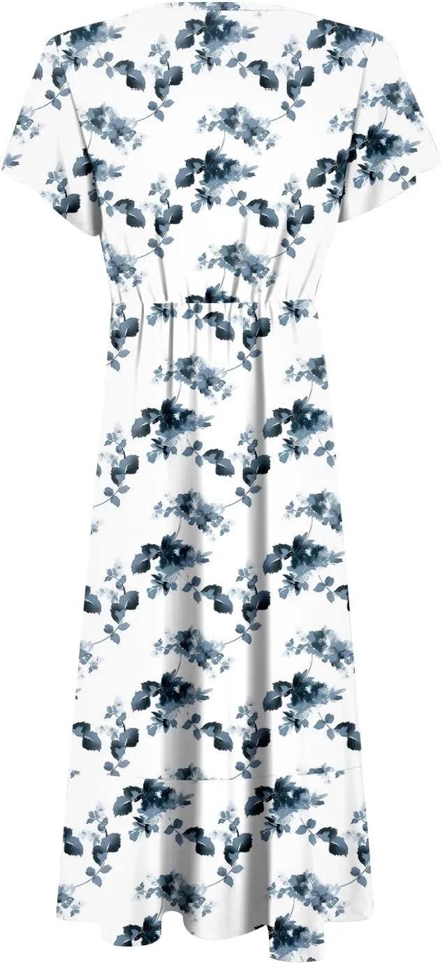 Summer Floral Dresses for Women 2025 Maxi V Neck Short Flutter Sleeve Wrap Tie Empire Waist Long Flowy Ruffle A Line Dress