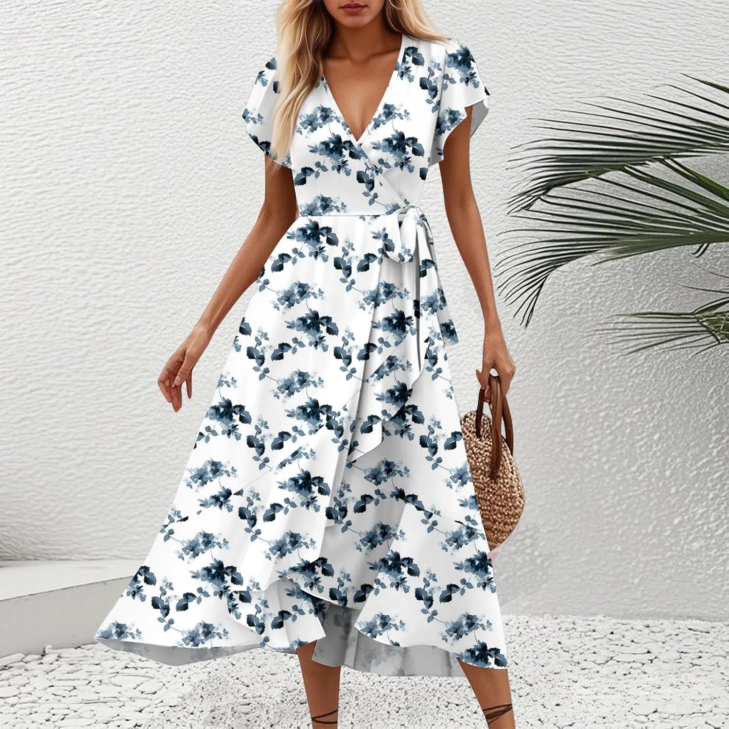 Summer Floral Dresses for Women 2025 Maxi V Neck Short Flutter Sleeve Wrap Tie Empire Waist Long Flowy Ruffle A Line Dress