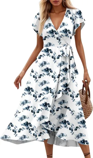 Summer Floral Dresses for Women 2025 Maxi V Neck Short Flutter Sleeve Wrap Tie Empire Waist Long Flowy Ruffle A Line Dress
