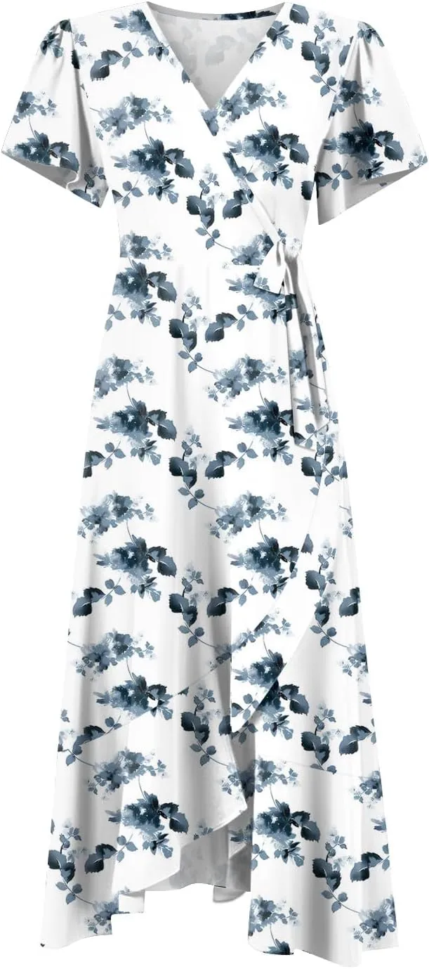 Summer Floral Dresses for Women 2025 Maxi V Neck Short Flutter Sleeve Wrap Tie Empire Waist Long Flowy Ruffle A Line Dress