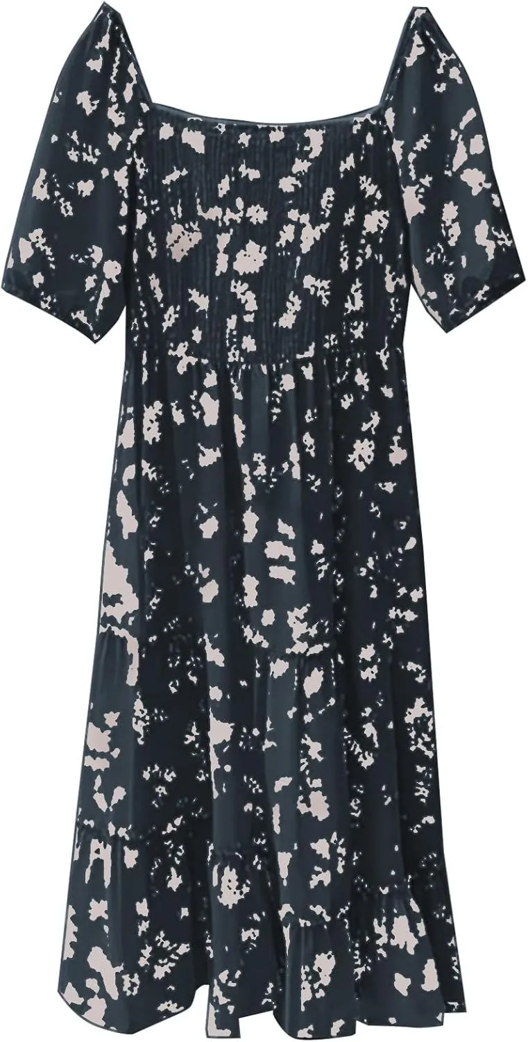 Summer Flower Dresses for Women 2025 Square Neck Puff Short Sleeve Boho Midi Dress Ruffle Beach Vacation A-Line Sundress