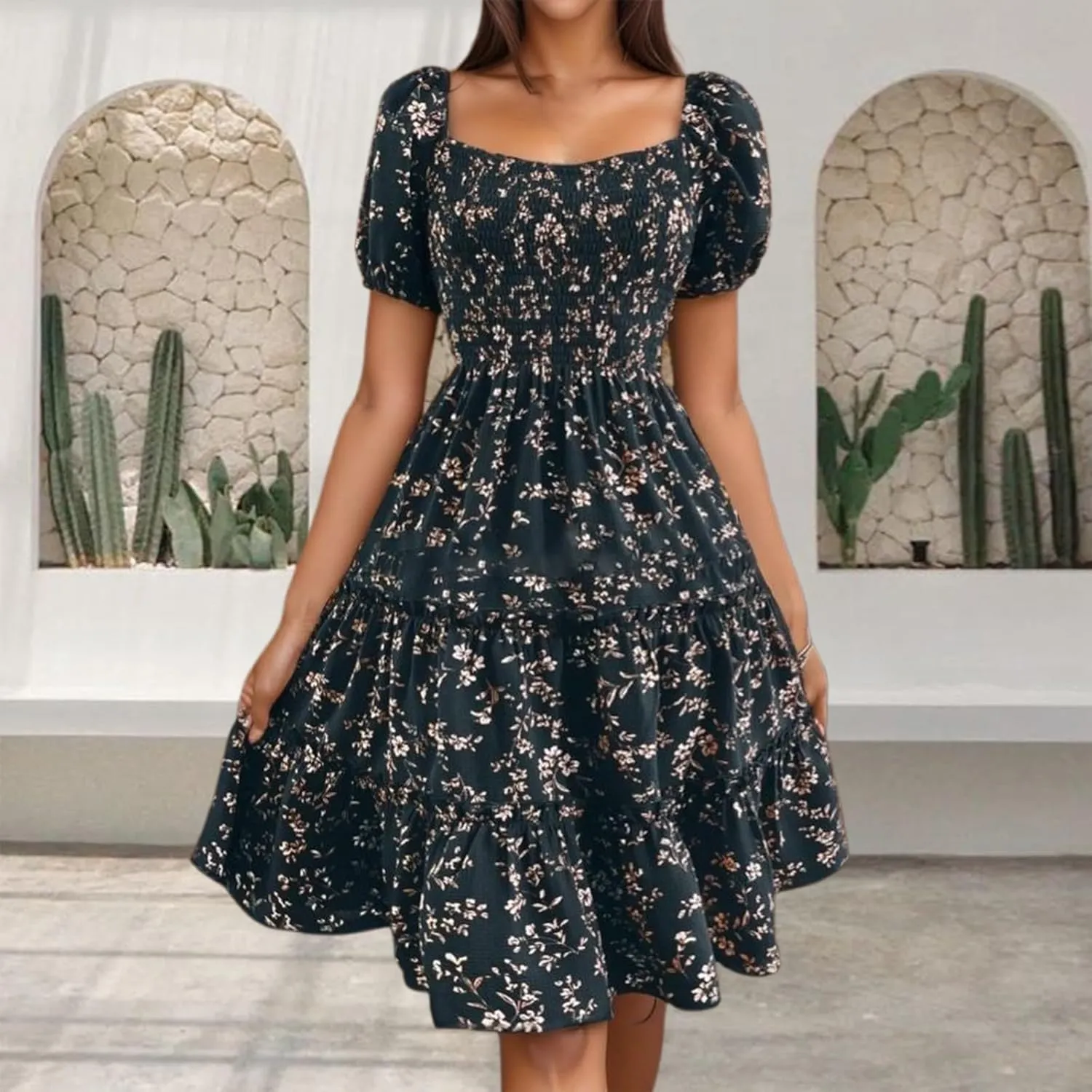 Summer Flower Dresses for Women 2025 Square Neck Puff Short Sleeve Boho Midi Dress Ruffle Beach Vacation A-Line Sundress