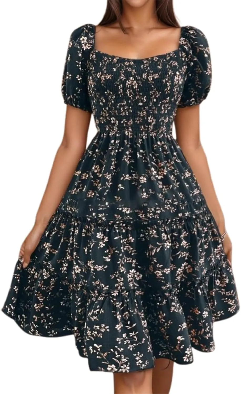 Summer Flower Dresses for Women 2025 Square Neck Puff Short Sleeve Boho Midi Dress Ruffle Beach Vacation A-Line Sundress