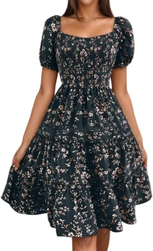 Summer Flower Dresses for Women 2025 Square Neck Puff Short Sleeve Boho Midi Dress Ruffle Beach Vacation A-Line Sundress
