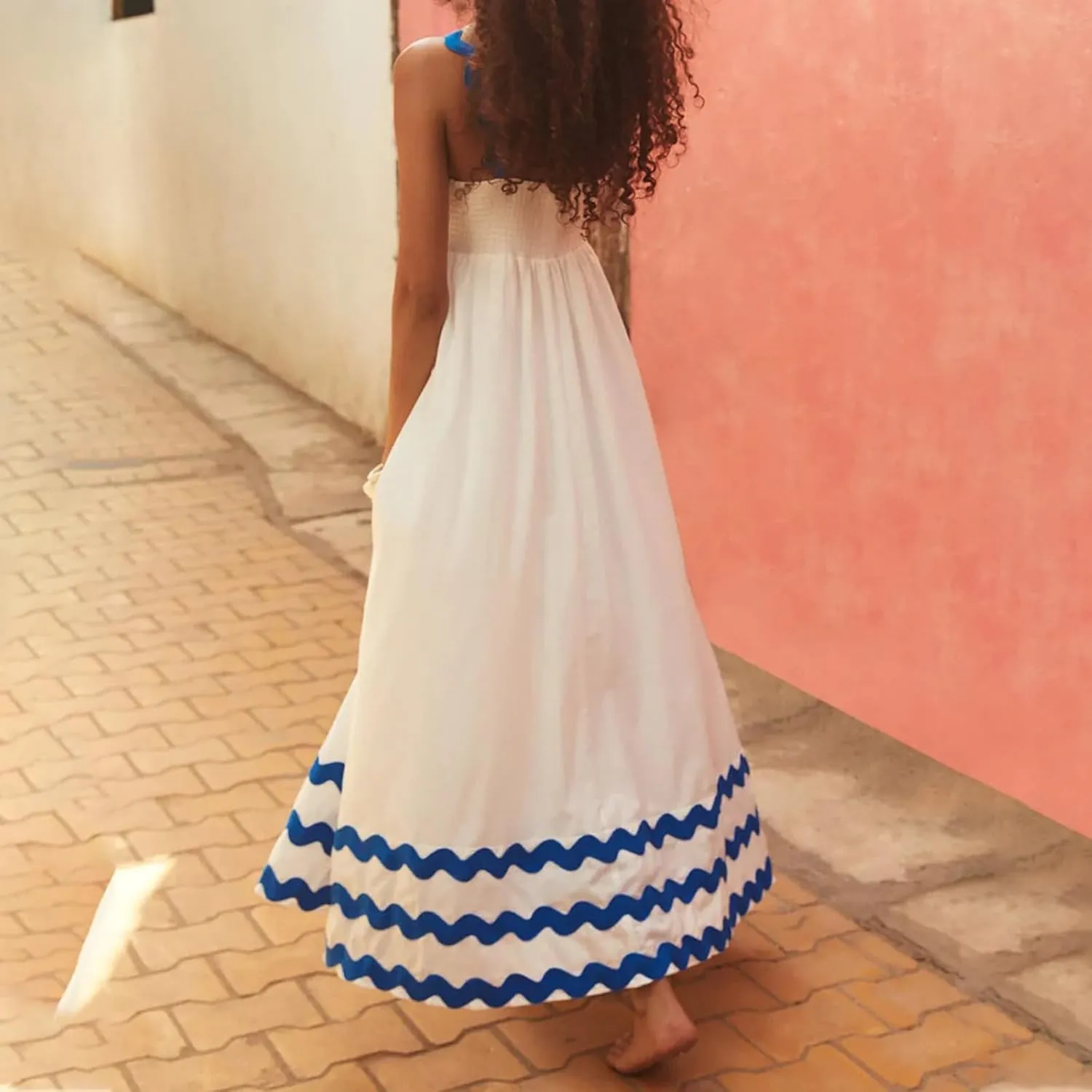 Summer Maxi Dresses for Women 2024 Casual RIC Rac Spaghetti Strap Dress Beach Vacation A Line Flowy Swing Sundresses