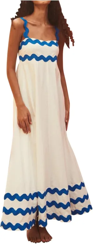 Summer Maxi Dresses for Women 2024 Casual RIC Rac Spaghetti Strap Dress Beach Vacation A Line Flowy Swing Sundresses