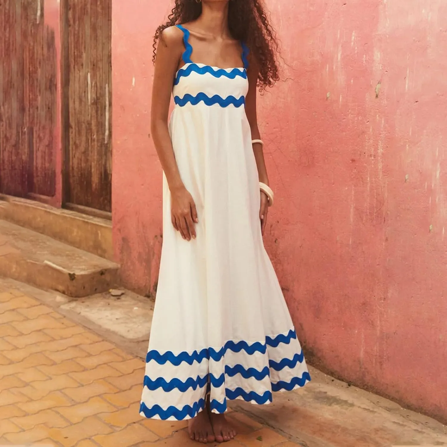 Summer Maxi Dresses for Women 2024 Casual RIC Rac Spaghetti Strap Dress Beach Vacation A Line Flowy Swing Sundresses