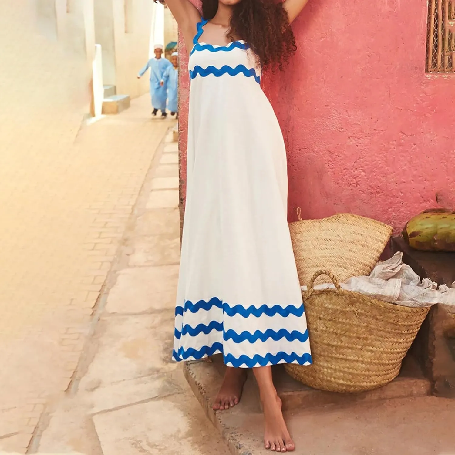 Summer Maxi Dresses for Women 2024 Casual RIC Rac Spaghetti Strap Dress Beach Vacation A Line Flowy Swing Sundresses