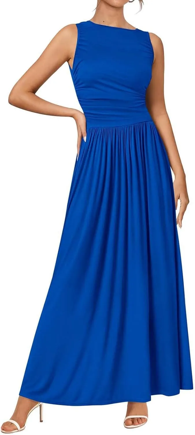 Summer Maxi Dresses for Women 2025 Sleeveless Formal Ruched High Waisted Long Sundress Flowy Beach Tank Dress Clothes