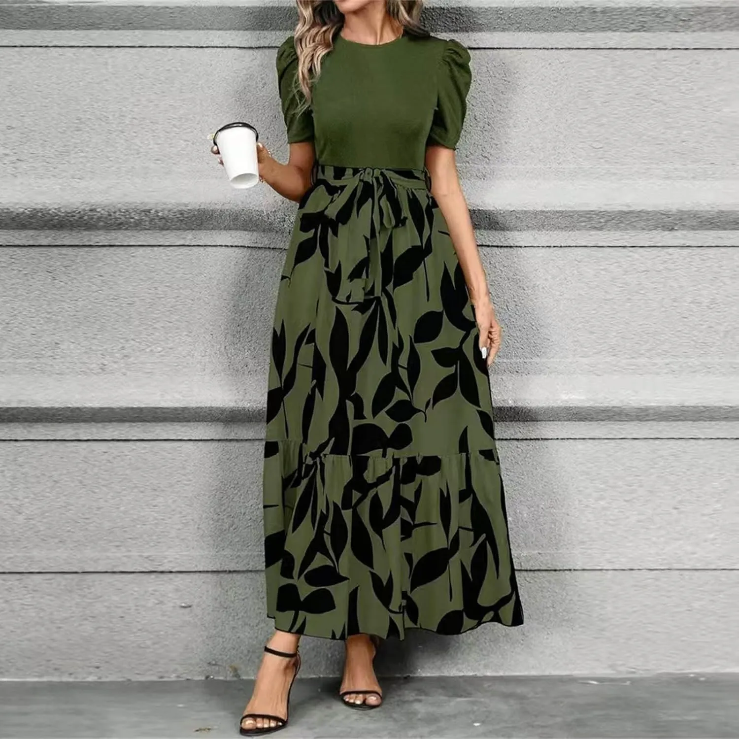 Summer Maxi Dresses for Women 2025 Wedding Guest Puff Sleeve Tie Waist Belted Patchwork A Line Swing Dress