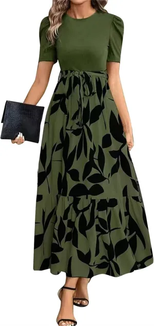Summer Maxi Dresses for Women 2025 Wedding Guest Puff Sleeve Tie Waist Belted Patchwork A Line Swing Dress