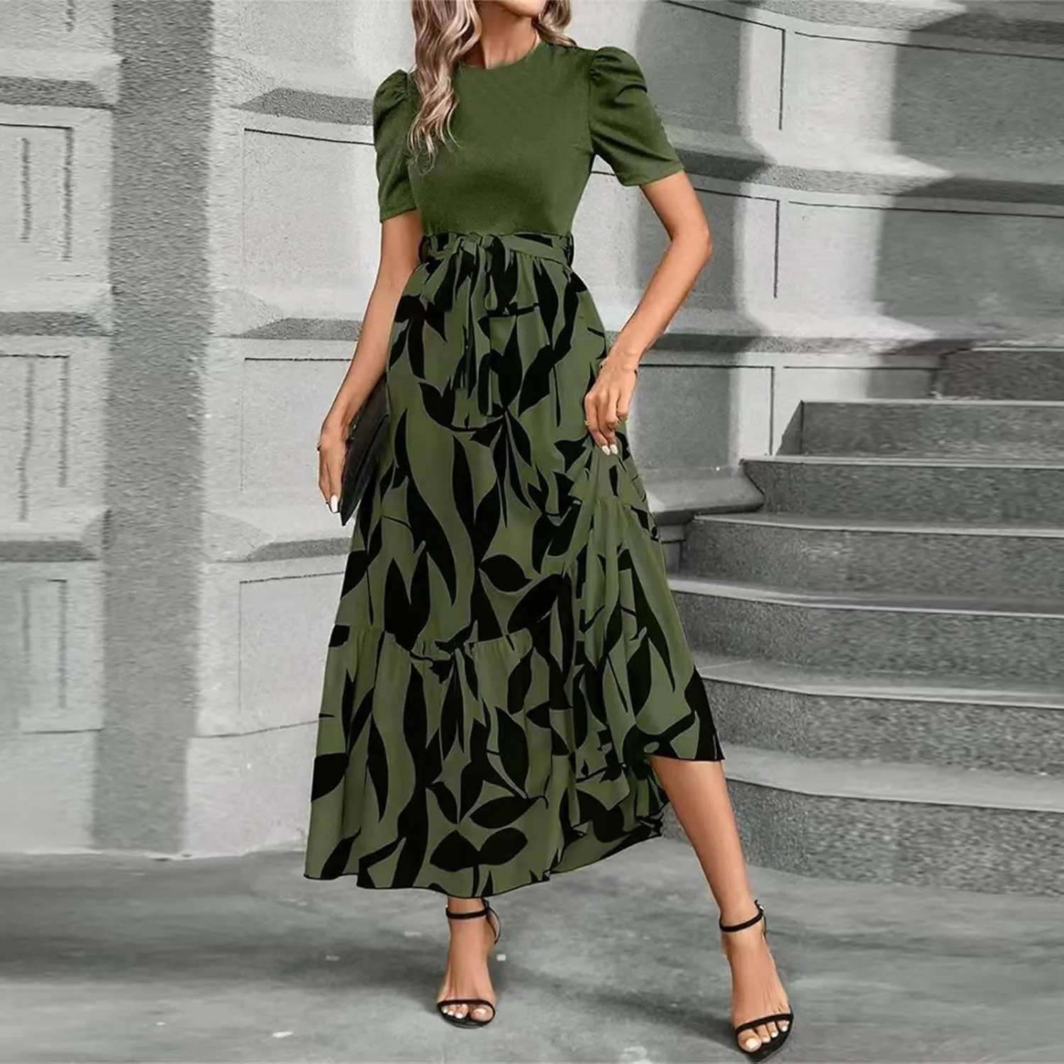 Summer Maxi Dresses for Women 2025 Wedding Guest Puff Sleeve Tie Waist Belted Patchwork A Line Swing Dress