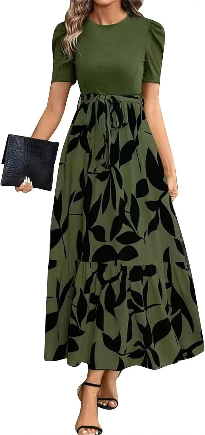 Summer Maxi Dresses for Women 2025 Wedding Guest Puff Sleeve Tie Waist Belted Patchwork A Line Swing Dress