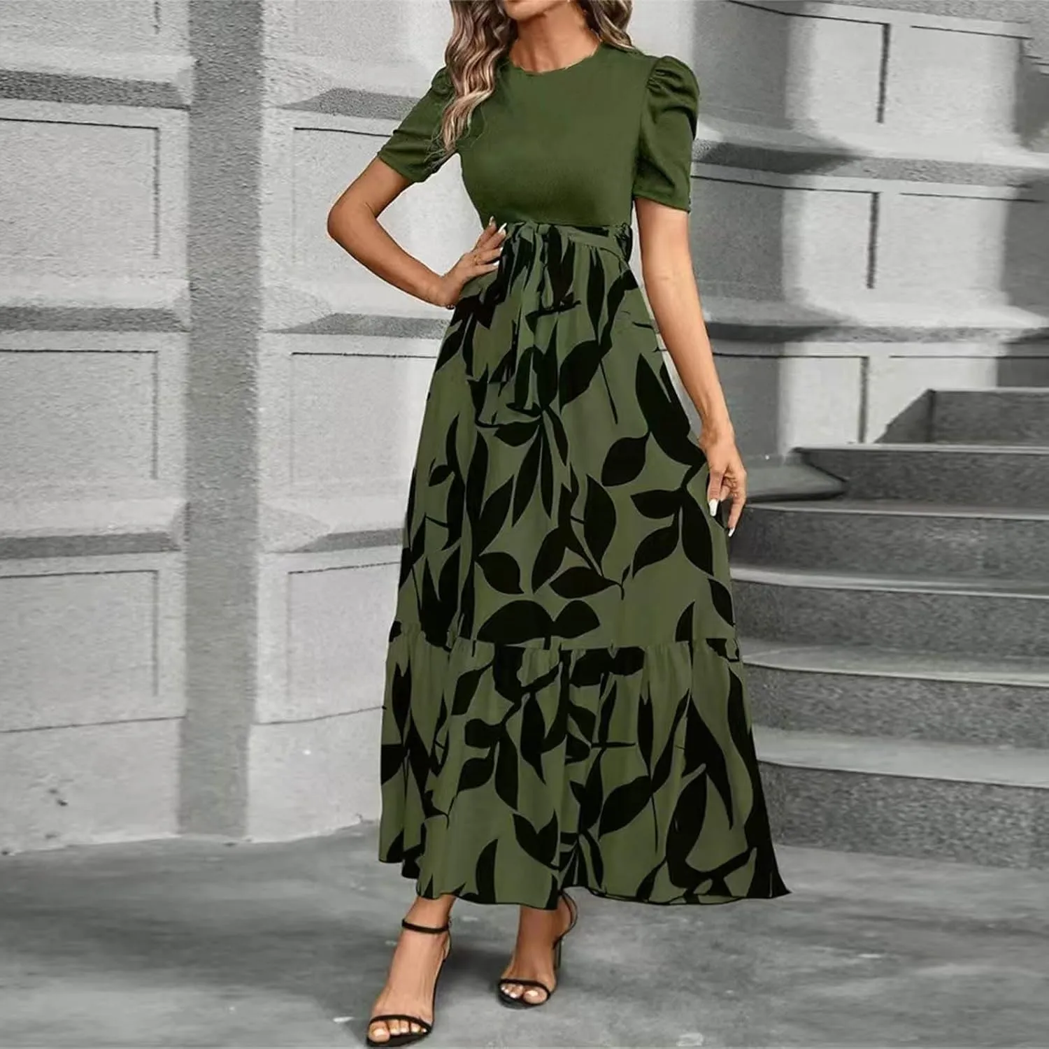 Summer Maxi Dresses for Women 2025 Wedding Guest Puff Sleeve Tie Waist Belted Patchwork A Line Swing Dress