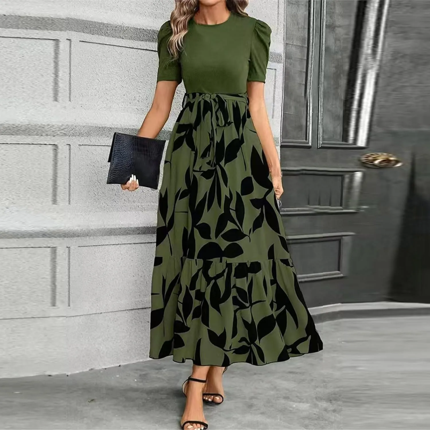 Summer Maxi Dresses for Women 2025 Wedding Guest Puff Sleeve Tie Waist Belted Patchwork A Line Swing Dress