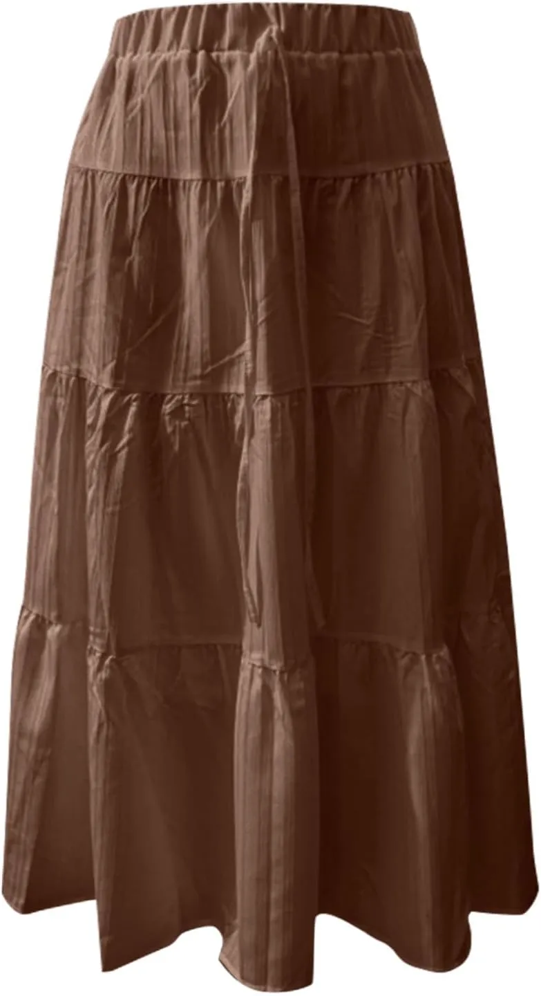Summer Maxi Skirts for Women Elastic High Waist Pleated Flowy Long Skirts Trendy Casual Vacation Beach Clothes
