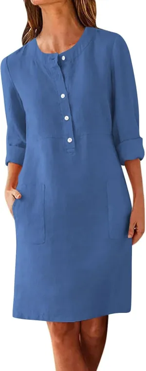 Summer Midi Dresses for Women 2025 Crew Neck 3/4 Sleeve Dresses Casual Fashion Dresses Summer 2025 Beach Dresses Blue