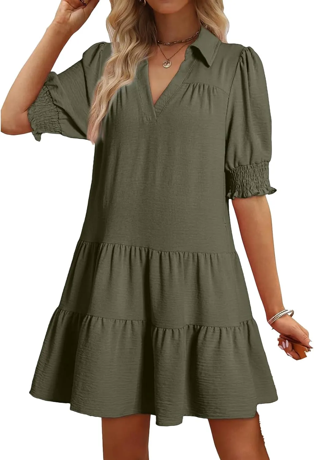 Summer Mini Dress for Women Lapel Collared V Neck Flutter Sleeve Maxi Dress Casual Beach Sundress Vacation