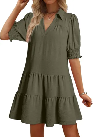Summer Mini Dress for Women Lapel Collared V Neck Flutter Sleeve Maxi Dress Casual Beach Sundress Vacation