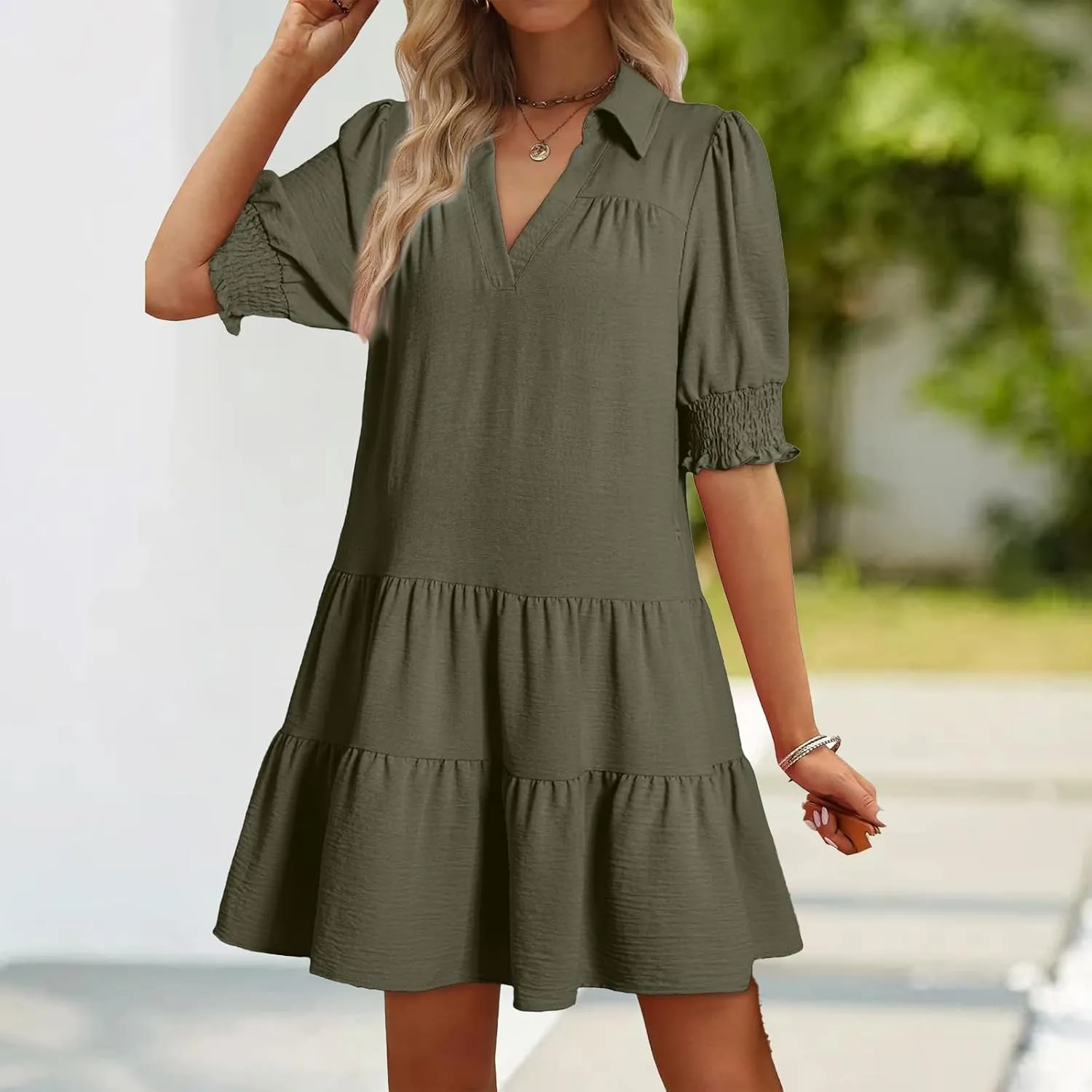 Summer Mini Dress for Women Lapel Collared V Neck Flutter Sleeve Maxi Dress Casual Beach Sundress Vacation
