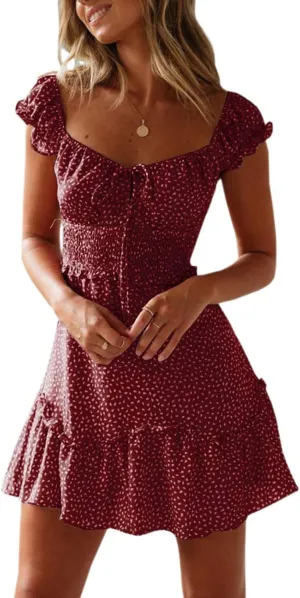 Summer Mini Dress for Women Sexy Lace Up U Neck Short Sleeve Mini Dresses Trendy Slim Floral Tunic Ruffle Hem Dress