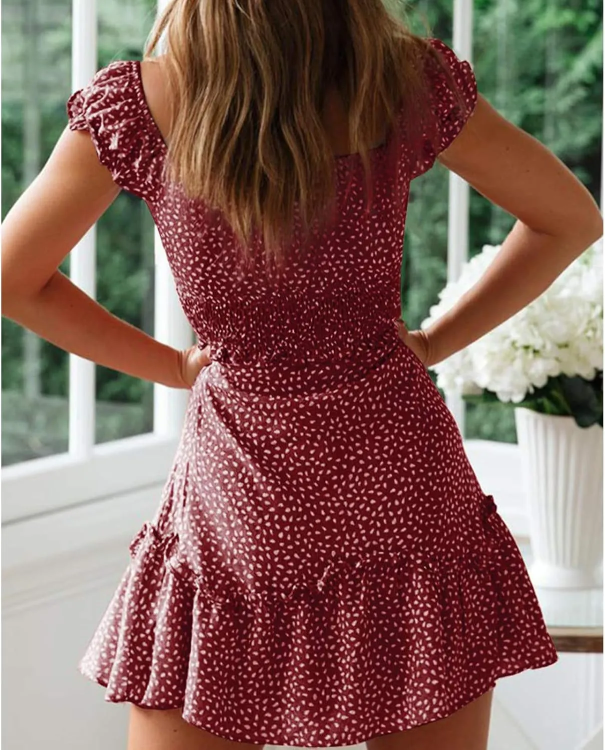Summer Mini Dress for Women Sexy Lace Up U Neck Short Sleeve Mini Dresses Trendy Slim Floral Tunic Ruffle Hem Dress