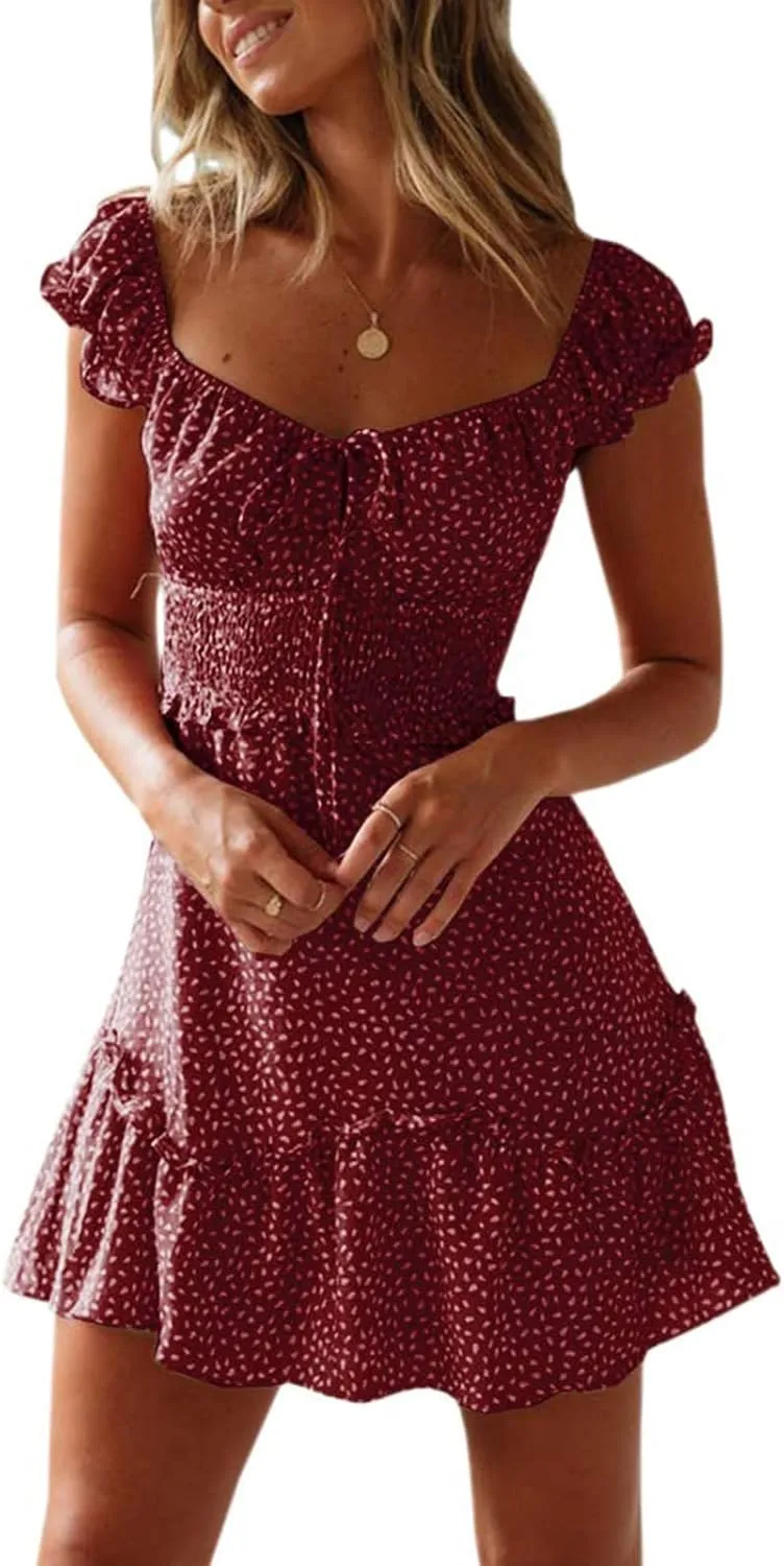 Summer Mini Dress for Women Sexy Lace Up U Neck Short Sleeve Mini Dresses Trendy Slim Floral Tunic Ruffle Hem Dress