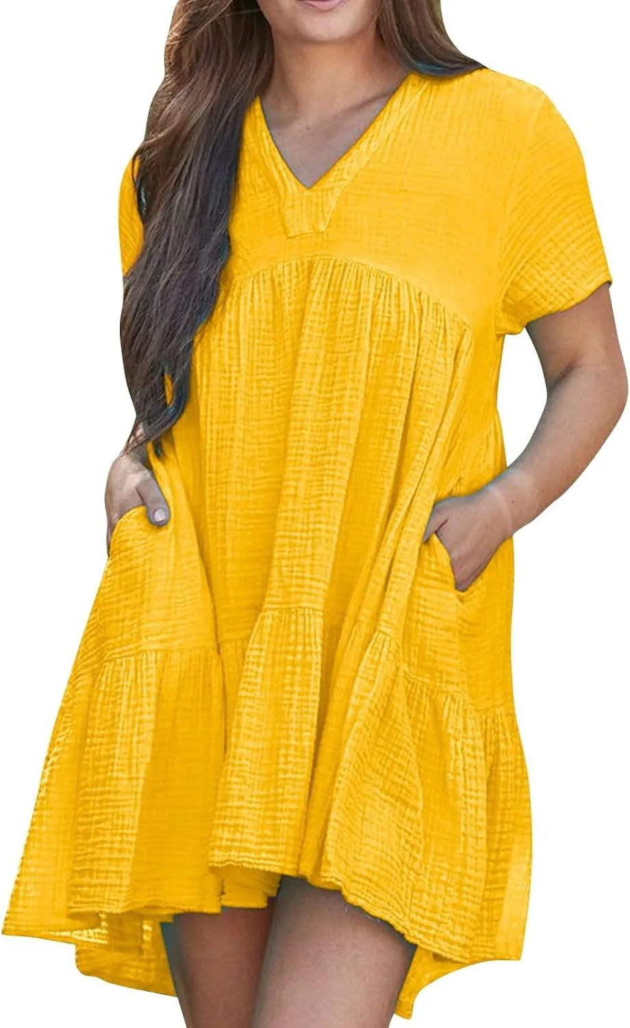 Summer Mini Dress for Women Wedding Guest Dresses Short Sleeve V Neck Beach Vacation Patchwork Sundress with Pockets