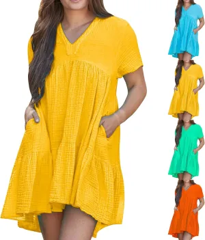 Summer Mini Dress for Women Wedding Guest Dresses Short Sleeve V Neck Beach Vacation Patchwork Sundress with Pockets