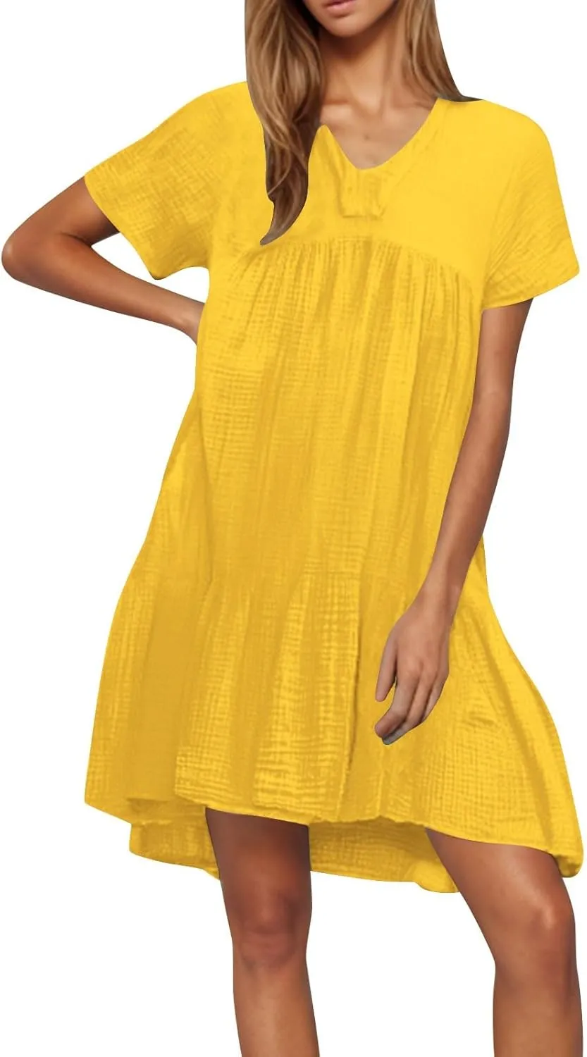 Summer Mini Dress for Women Wedding Guest Dresses Short Sleeve V Neck Beach Vacation Patchwork Sundress with Pockets