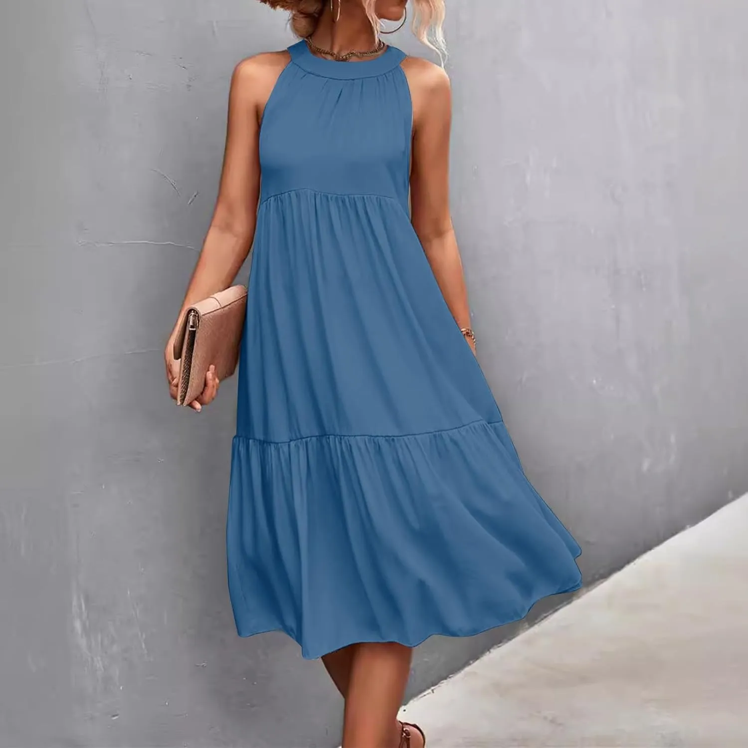 Summer Plus Size Sundresses for Women Trendy Off The Shoulder Sleeveless Halter Dress Casual Flowy Floral Midi Dress