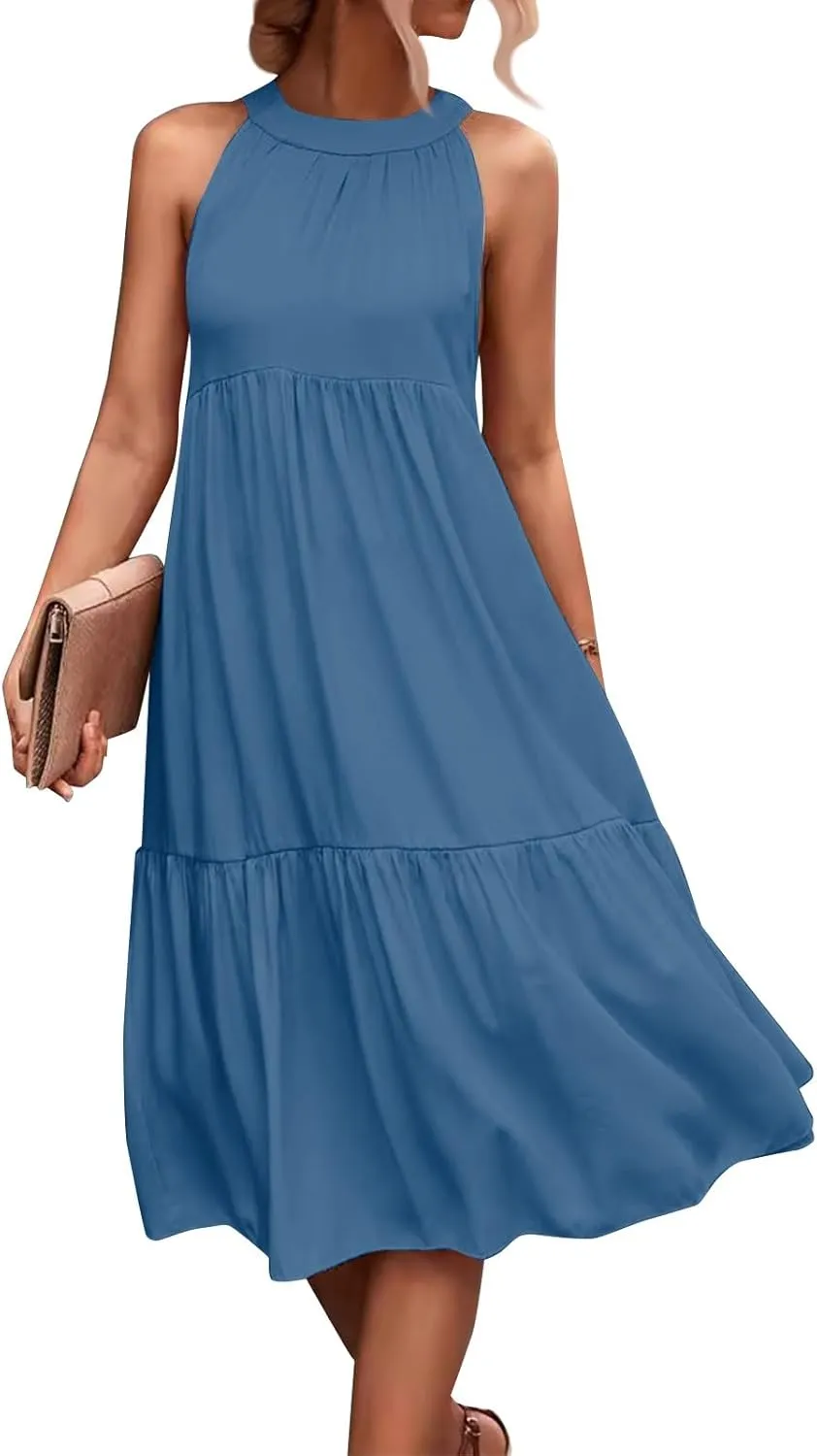 Summer Plus Size Sundresses for Women Trendy Off The Shoulder Sleeveless Halter Dress Casual Flowy Floral Midi Dress