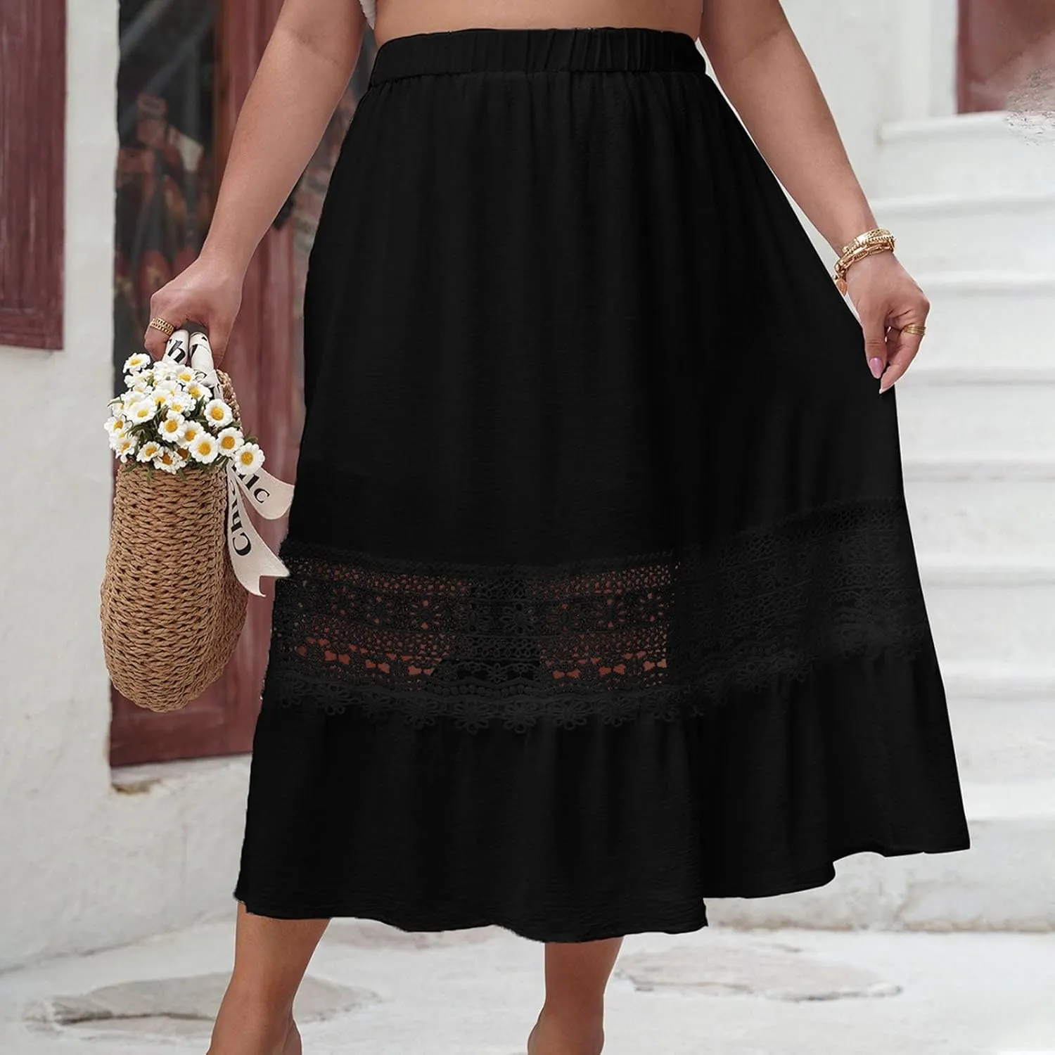 Summer Skirt for Women Casual Loose Trendy Lace Hollow Out Elastic Waist Skirt Flowy Beach Pleated Work Maxi Skirt