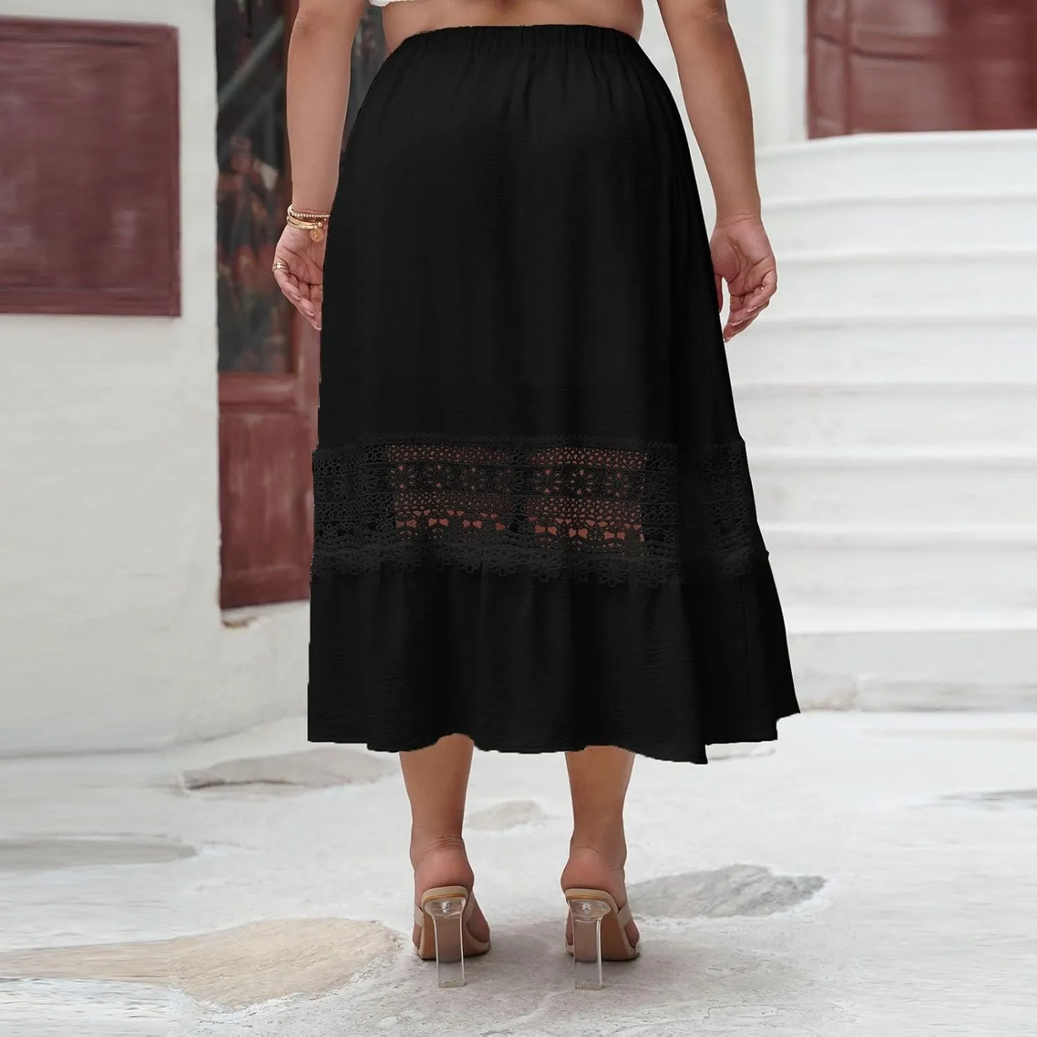 Summer Skirt for Women Casual Loose Trendy Lace Hollow Out Elastic Waist Skirt Flowy Beach Pleated Work Maxi Skirt