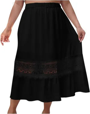 Summer Skirt for Women Casual Loose Trendy Lace Hollow Out Elastic Waist Skirt Flowy Beach Pleated Work Maxi Skirt
