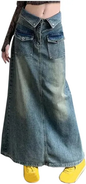 Summer Skirts for Women 2024 Plus Size Vintage Split Hem Denim Skirt for Women High Waist Midi Length A Line Hip