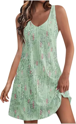 Summer Sundresses for Women Casual Sleeveless V Neck Floral Tshirt Dress Loose Beach Cover Up Tank Dress with Pockets