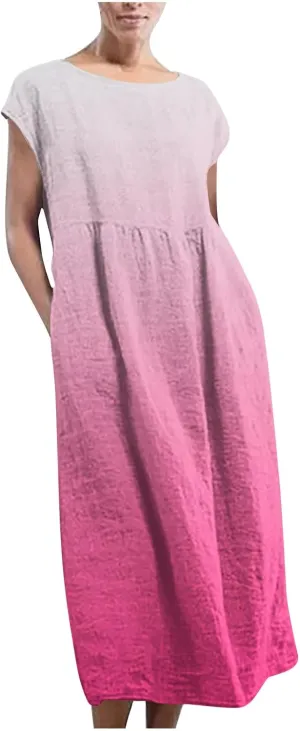 Summer Tank Dress for Women Cap Sleeve Loose Boho Midi Dress Casual Ombre Crew Neck Beach Dresses with Pockets