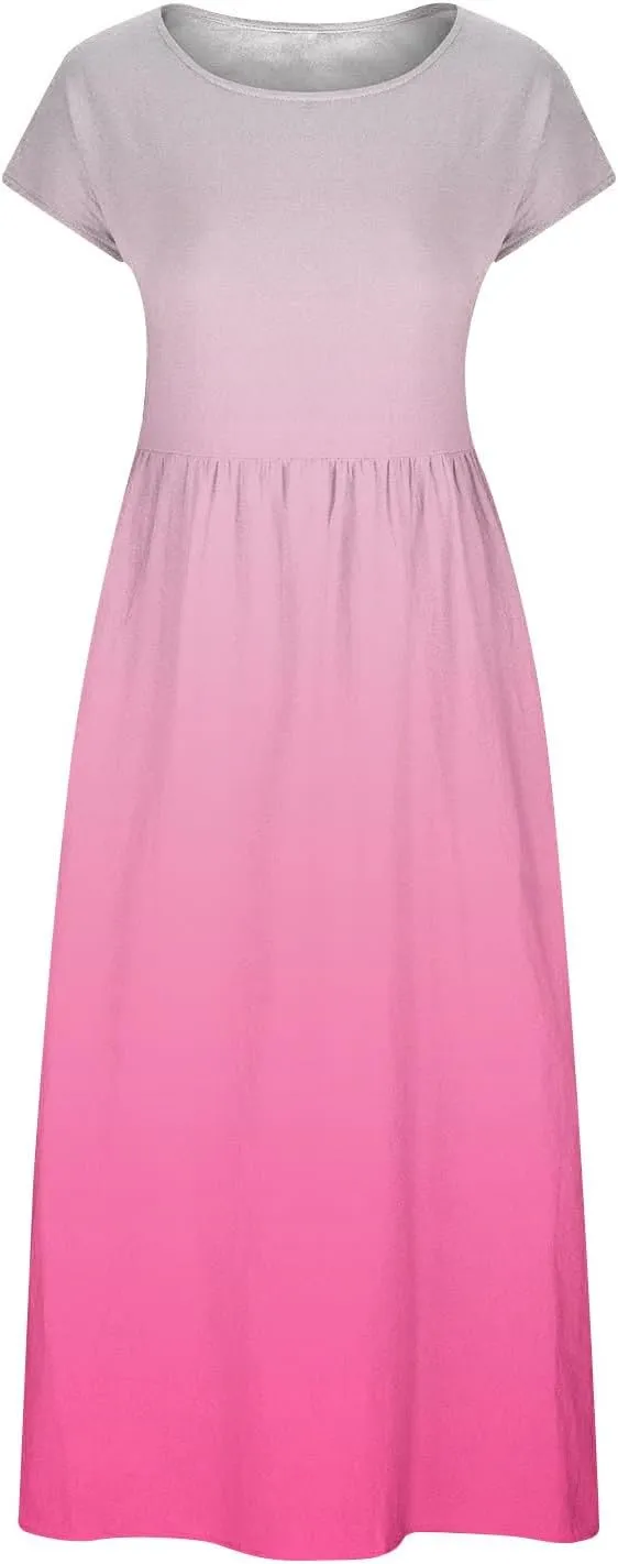 Summer Tank Dress for Women Cap Sleeve Loose Boho Midi Dress Casual Ombre Crew Neck Beach Dresses with Pockets