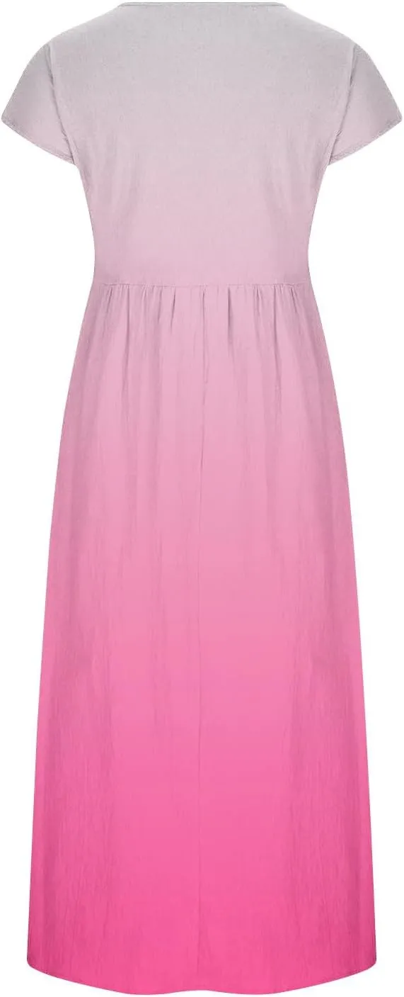 Summer Tank Dress for Women Cap Sleeve Loose Boho Midi Dress Casual Ombre Crew Neck Beach Dresses with Pockets