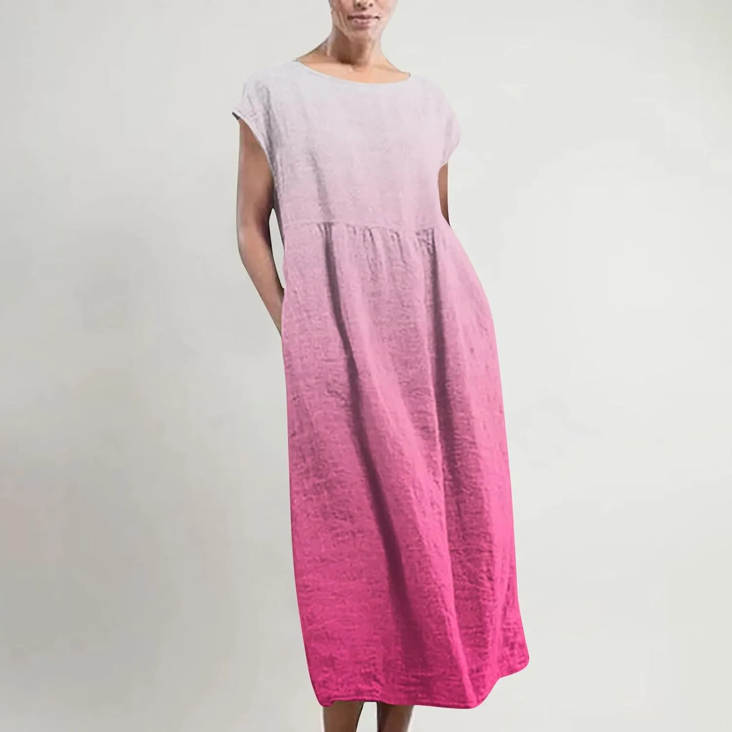 Summer Tank Dress for Women Cap Sleeve Loose Boho Midi Dress Casual Ombre Crew Neck Beach Dresses with Pockets