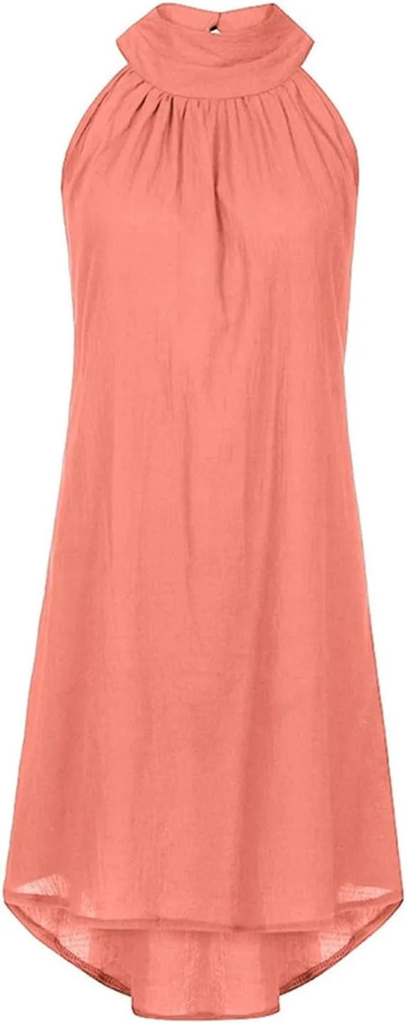 Sun Dresses for Women 2025 Vacation Halter Neck Solid Summer Casual Sundress Elegant Pleated High Low Mini Dresses