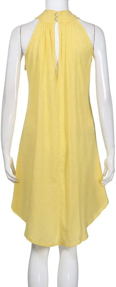 Sun Dresses for Women 2025 Vacation Halter Neck Solid Summer Casual Sundress Elegant Pleated High Low Mini Dresses