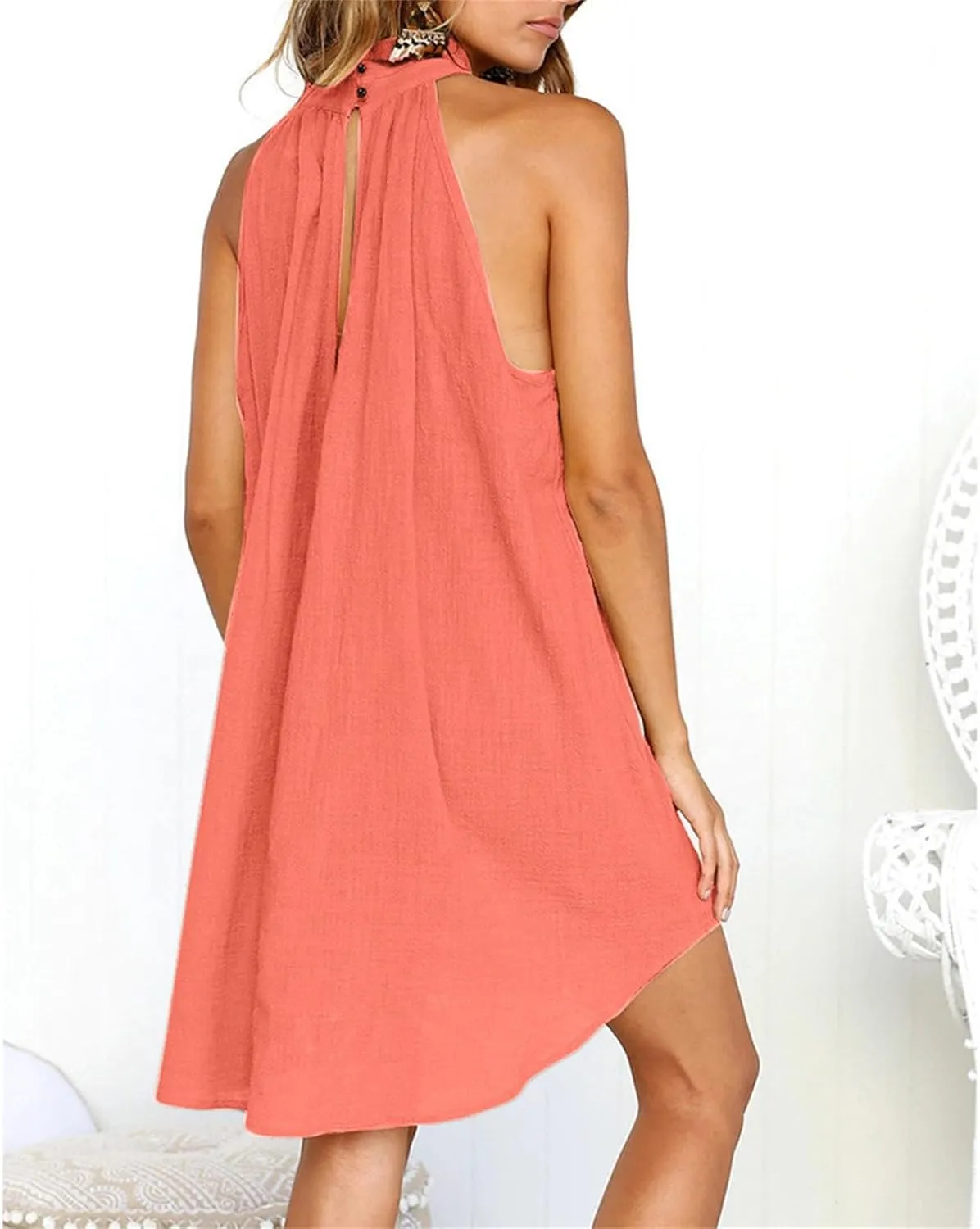 Sun Dresses for Women 2025 Vacation Halter Neck Solid Summer Casual Sundress Elegant Pleated High Low Mini Dresses