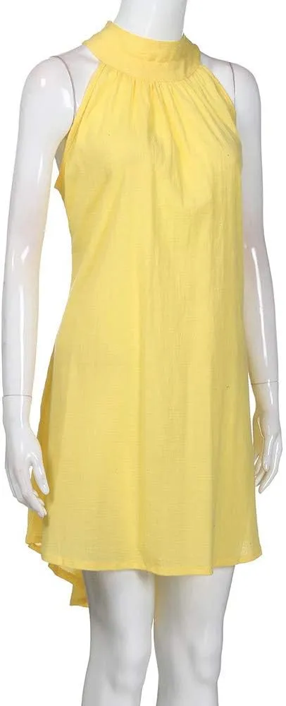 Sun Dresses for Women 2025 Vacation Halter Neck Solid Summer Casual Sundress Elegant Pleated High Low Mini Dresses