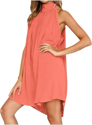 Sun Dresses for Women 2025 Vacation Halter Neck Solid Summer Casual Sundress Elegant Pleated High Low Mini Dresses