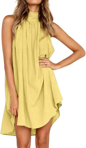 Sun Dresses for Women 2025 Vacation Halter Neck Solid Summer Casual Sundress Elegant Pleated High Low Mini Dresses